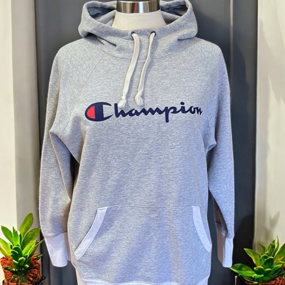 Champion Women's Powerblend Fleece Script Pullover Hoodie In Gray - Picture 11 of 16
